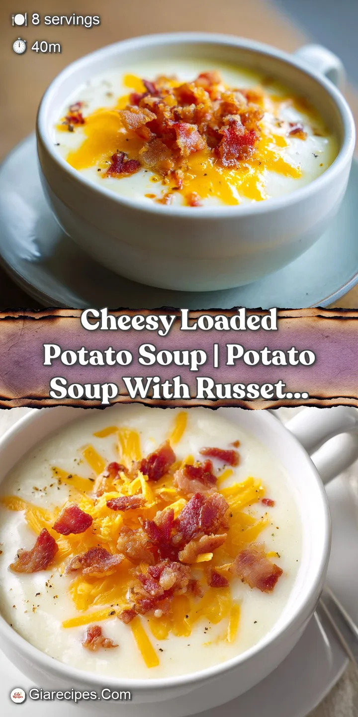 Extreme close-up of thick, creamy potato soup with melted cheese ribbons and glistening golden bacon.