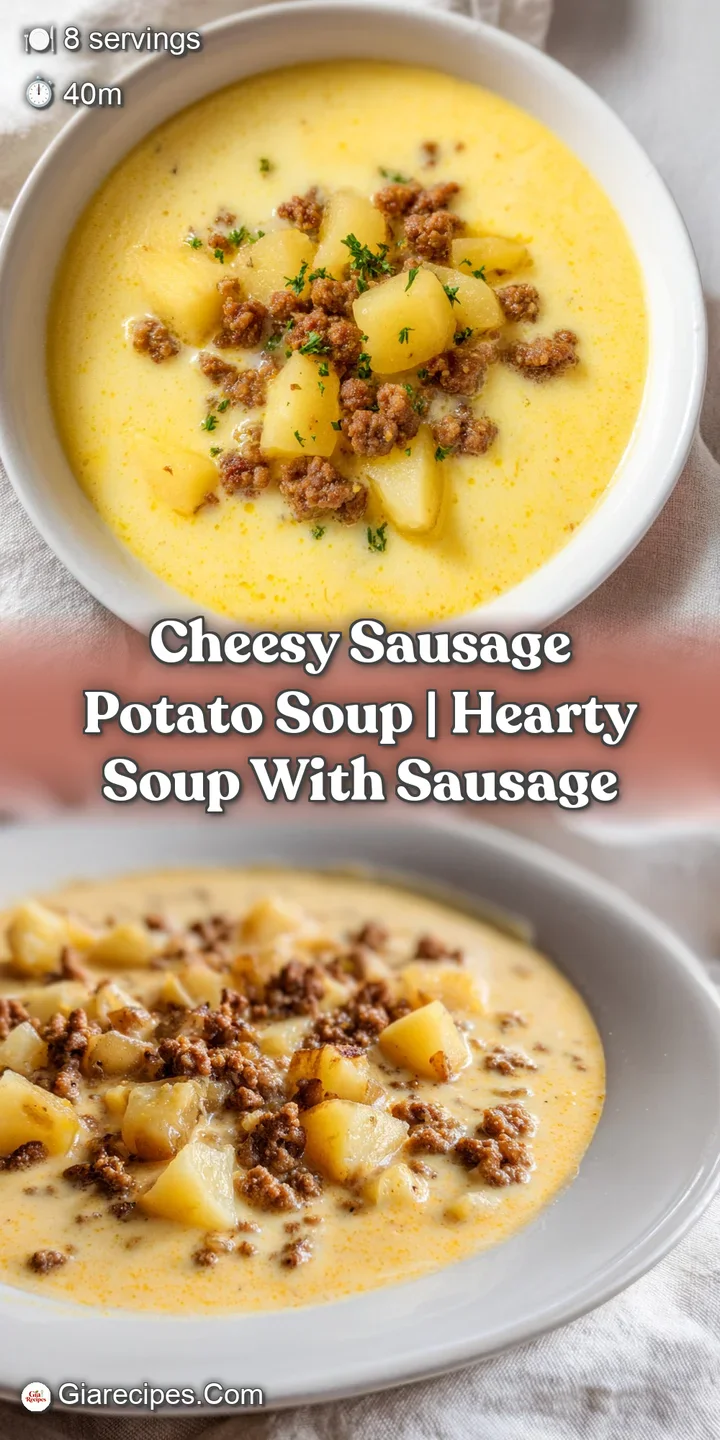 Close-up of gooey melted cheese and savory browned sausage crumbles in a thick, velvety golden potato base.