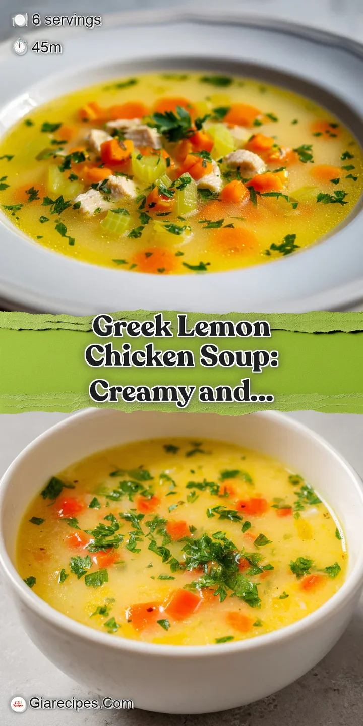 Close-up of velvety lemon soup showing tender chicken pieces and grains of rice in a rich, creamy golden liquid.