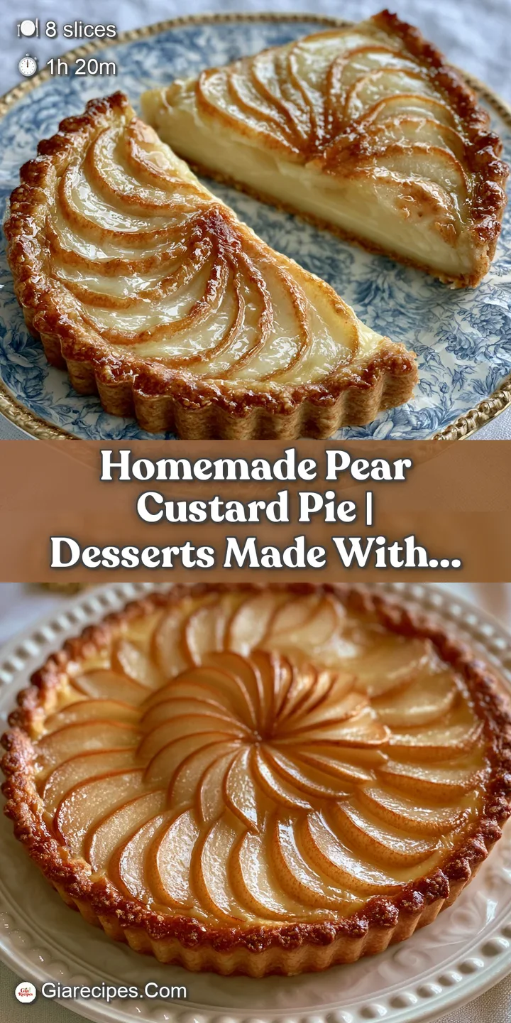 Close-up of smooth, creamy custard and tender pear segments with a light dusting of cinnamon and a buttery crust.