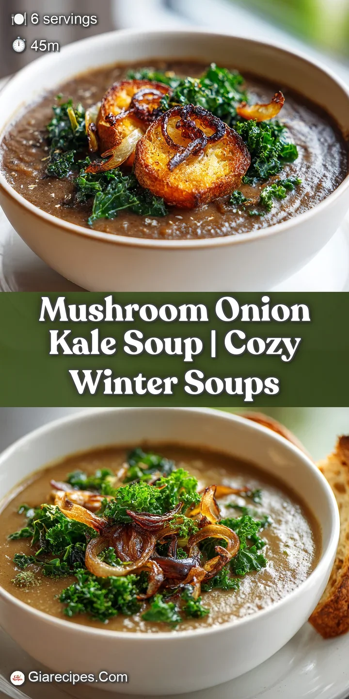 Close-up of creamy white broth with tender brown mushrooms and wilted dark green kale, steaming slightly.