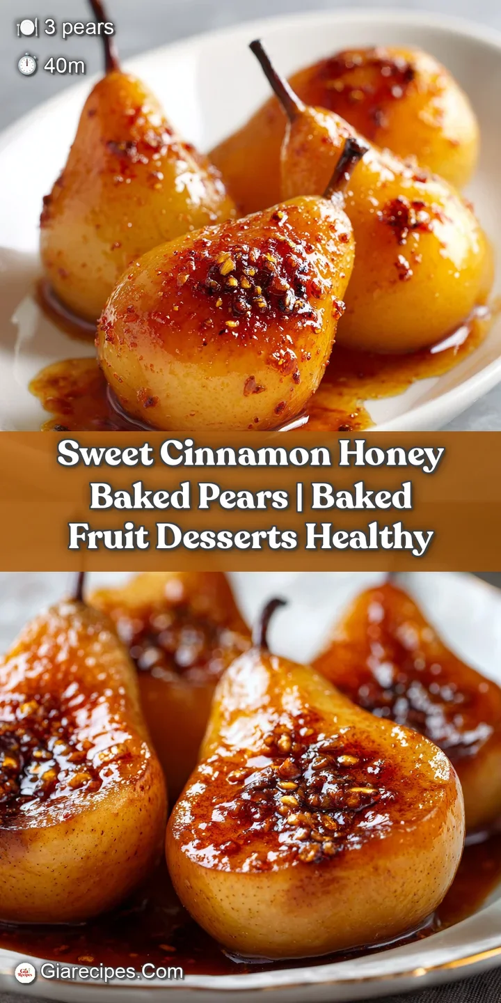 Macro view of a glistening baked pear dripping with translucent amber honey and warm cinnamon spice speckles.