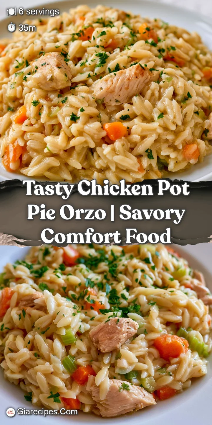 Close-up of tender chicken chunks and plump orzo grains coated in a thick, glossy sauce with pops of orange and green.