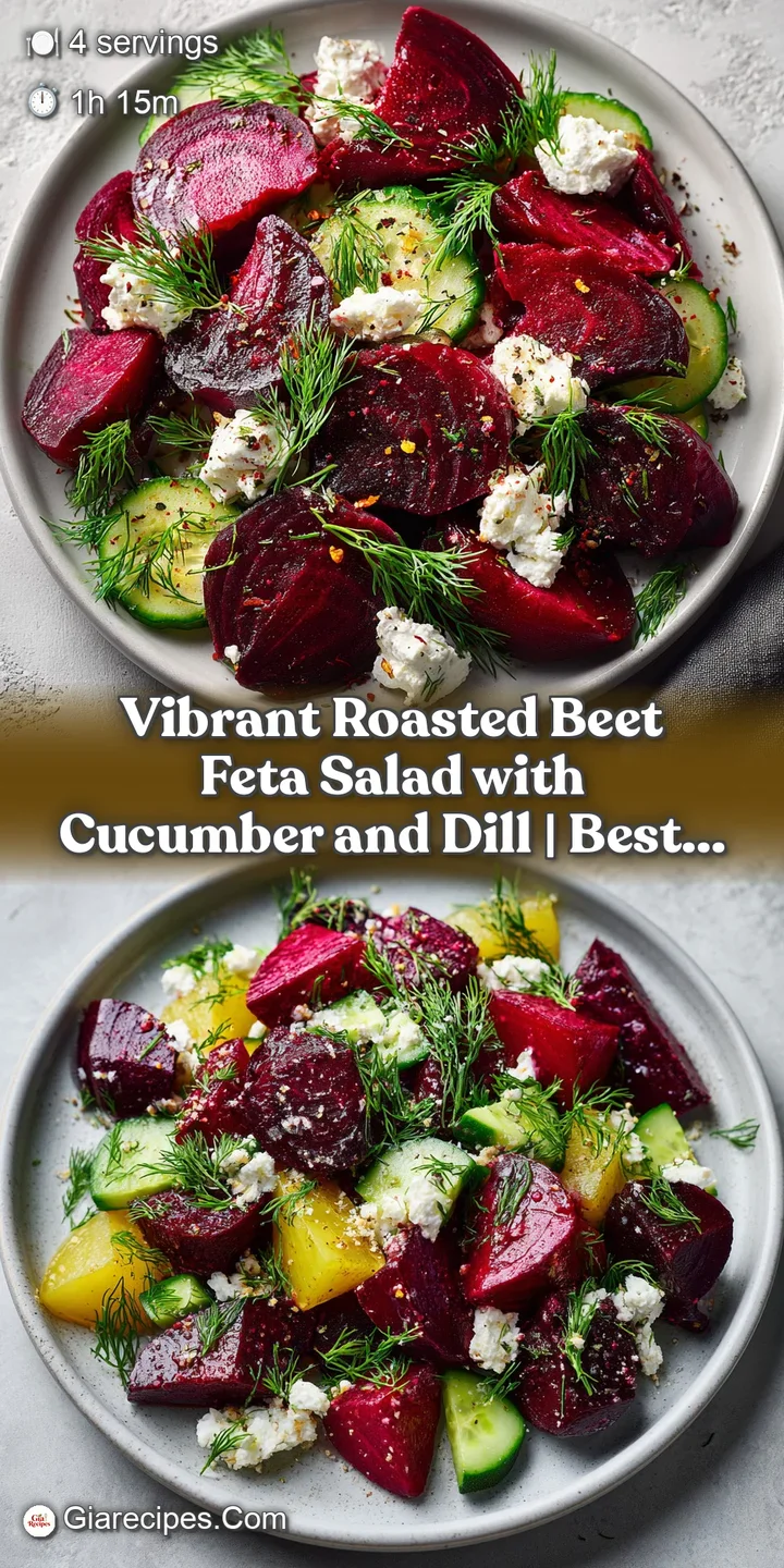 Close-up of tender roasted beet wedges, creamy feta, and refreshing cucumber slices