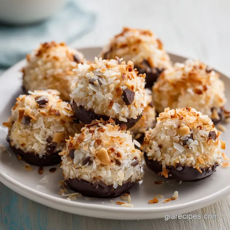 A neat stack of almond joy lactation bites, glistening with coconut flakes, on a rustic slate plate.