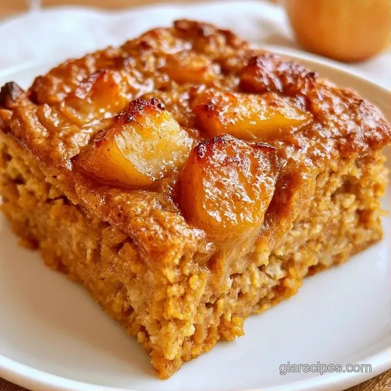 Square slice of spiced orange oatmeal on a white ceramic plate, drizzled with glossy syrup and crushed pecans.