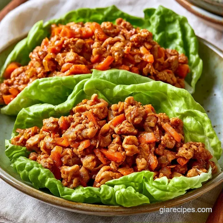 Vibrant green lettuce cups filled with savory minced turkey and topped with toasted sesame seeds on a white plate.