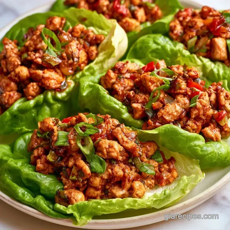 A platter of crisp green lettuce cups filled with savory browned meat, garnished with sesame seeds and sliced chili.