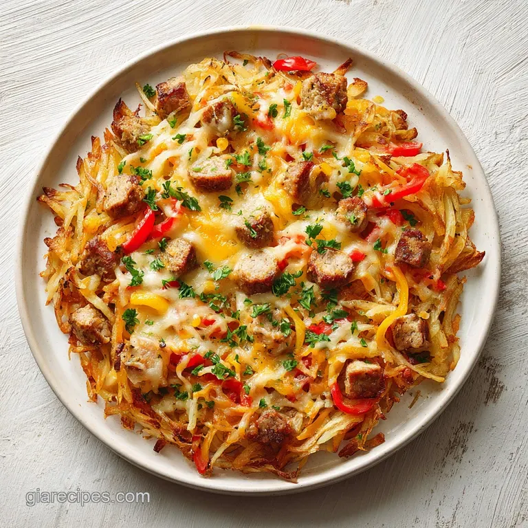 A square slice of cheesy potato bake on a white plate, garnished with chopped chives and a side of fresh fruit.