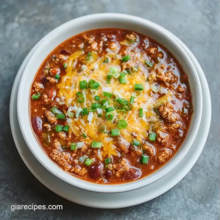 A ceramic bowl of rich red stew topped with melted cheddar, a dollop of sour cream, and crisp green onions.
