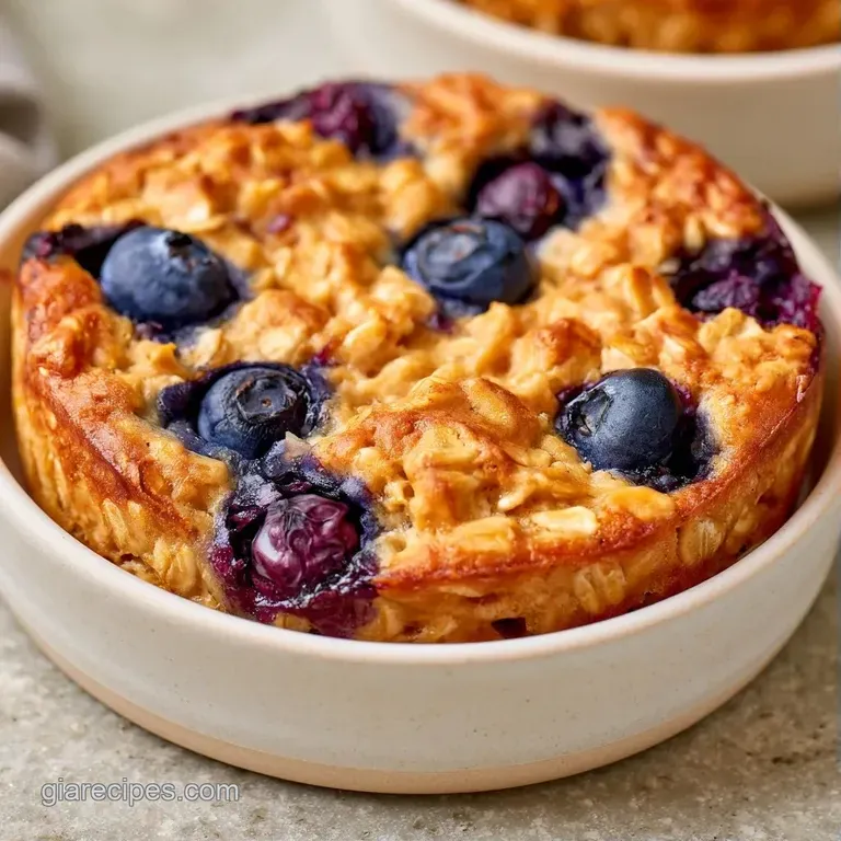 A square slice of purple-swirled oat cake on a white plate, topped with fresh berries and a drizzle of honey.
