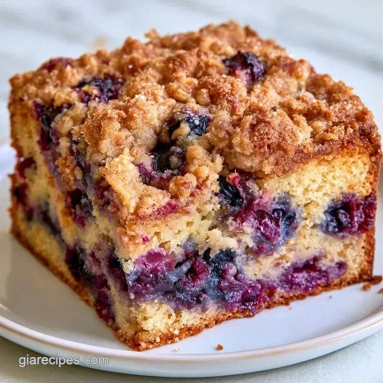 A slice of crumb-topped cake with bursting blueberries on a white ceramic plate, dusted with powdered sugar.