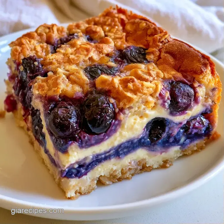 A slice of golden baked oats topped with a dollop of cream and fresh blueberries on a white ceramic plate.