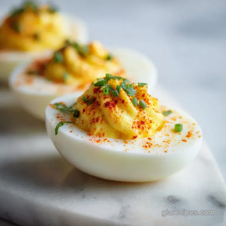 An artfully arranged deviled egg, its smooth, silky yolk filling piped high, garnished with paprika and chives.