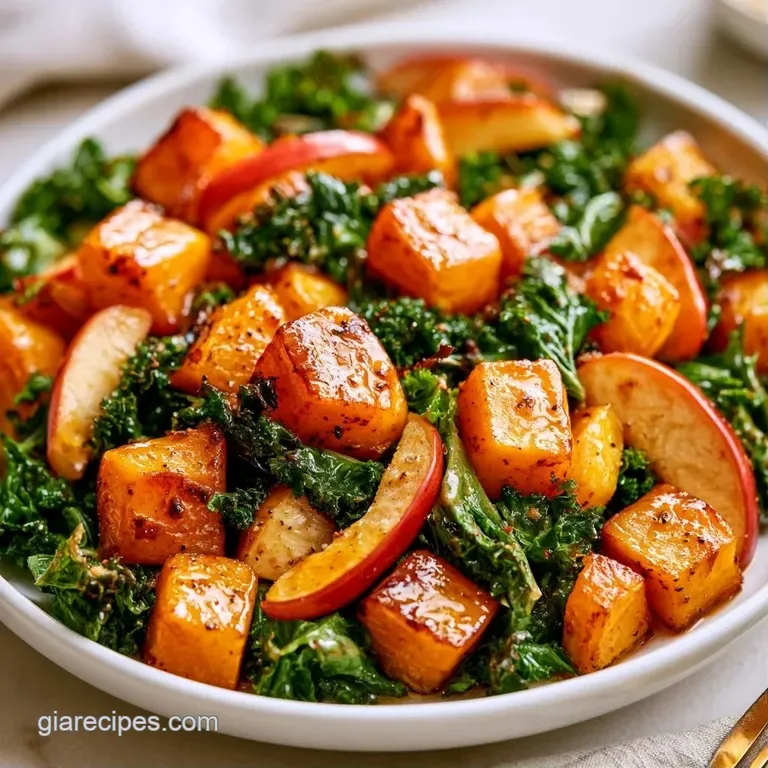 Roasted orange squash and dark kale artfully arranged on a white platter with crumbles of white goat cheese.