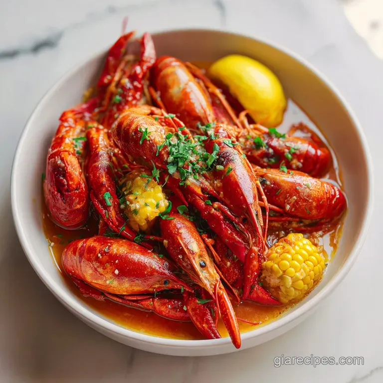 A rustic wooden table showcases a steaming seafood boil, bright with red crab legs and golden corn.