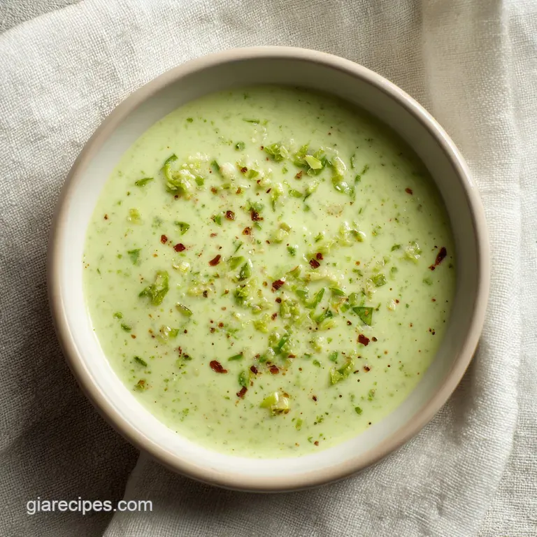 Velvety pale green sauce drizzled over golden-brown fries on a white ceramic plate with fresh cilantro.