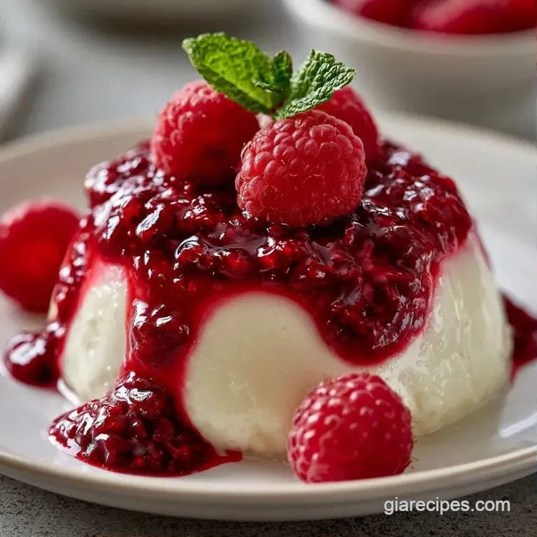 Six glass ramekins of smooth white cream topped with glossy red raspberry sauce and fresh berries on a tray.