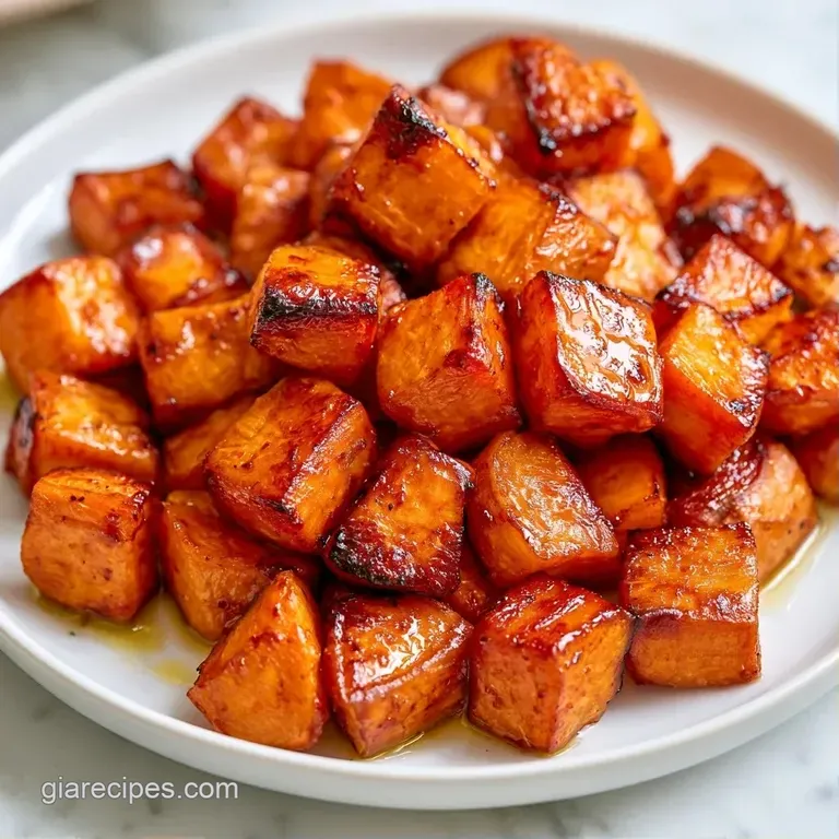 Orange sweet potato cubes piled high on a white ceramic plate, garnished with sliced scallions and a drizzle of oil