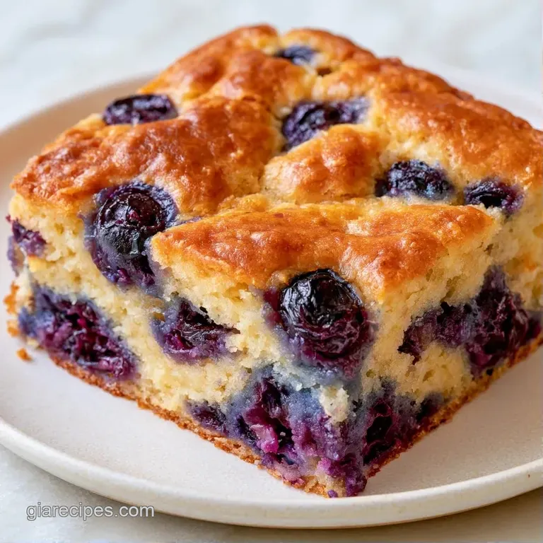 A square slice of moist, golden cake with vibrant berries on a white ceramic plate, garnished with a mint leaf.