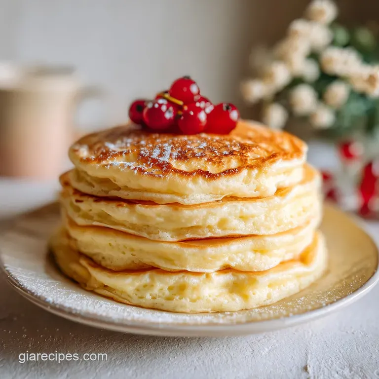 Three tender pancakes artfully stacked, topped with whipped cream and a scattering of vibrant red strawberries.