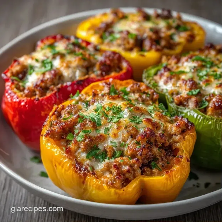 Three vibrant stuffed peppers on a white ceramic plate, garnished with bright green parsley and a side of fluffy rice.