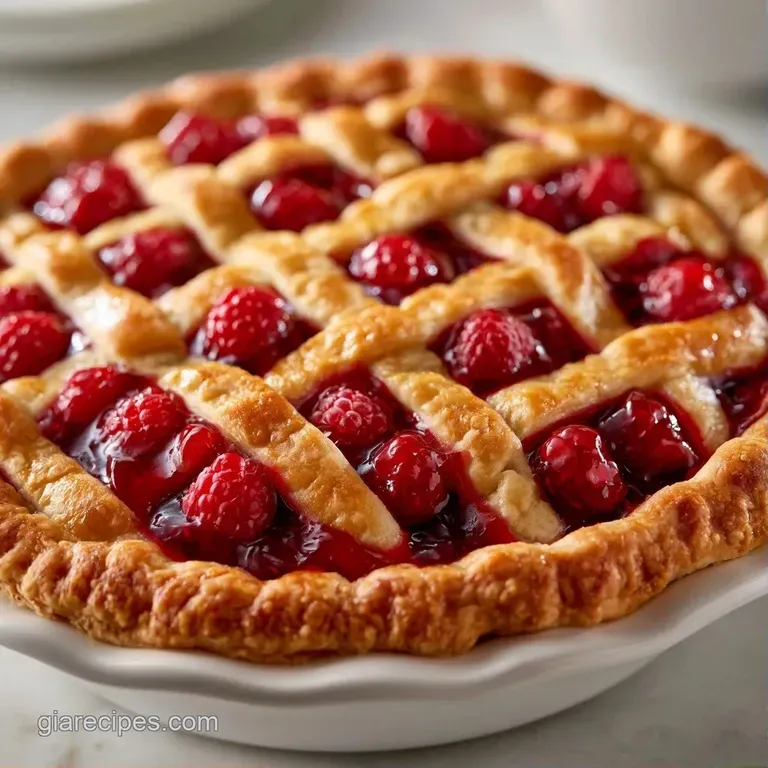 A slice of tart berry pie on a white porcelain plate, topped with a dollop of cream and a single fresh raspberry.