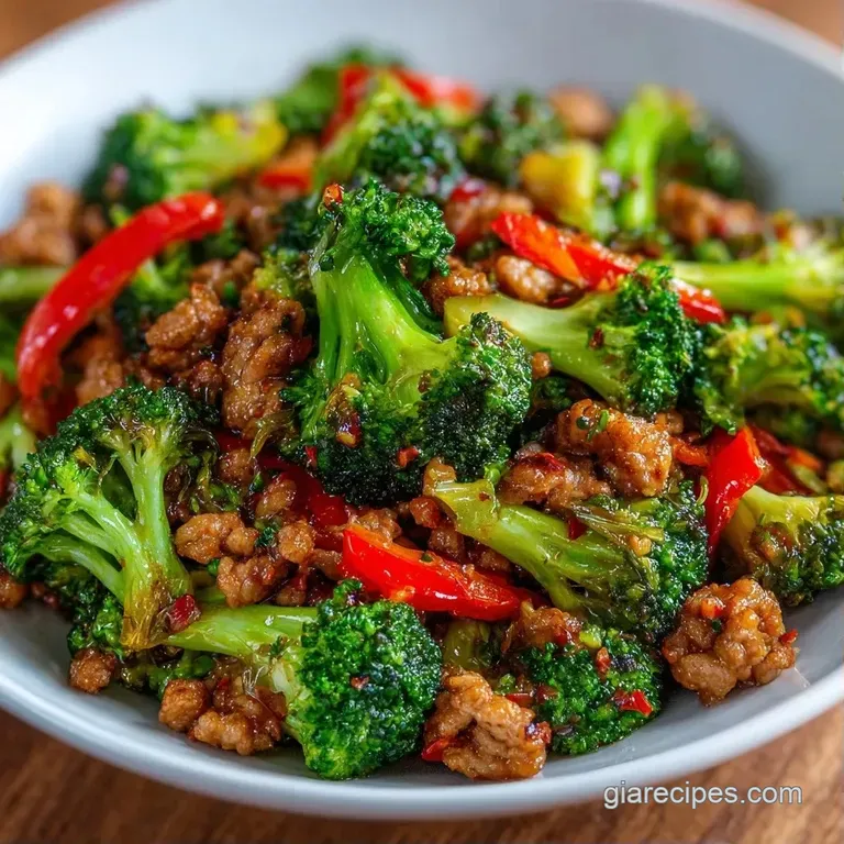 Saut&eacute;ed turkey and bright vegetables served in a white ceramic bowl, topped with fresh green scallions and sesame.