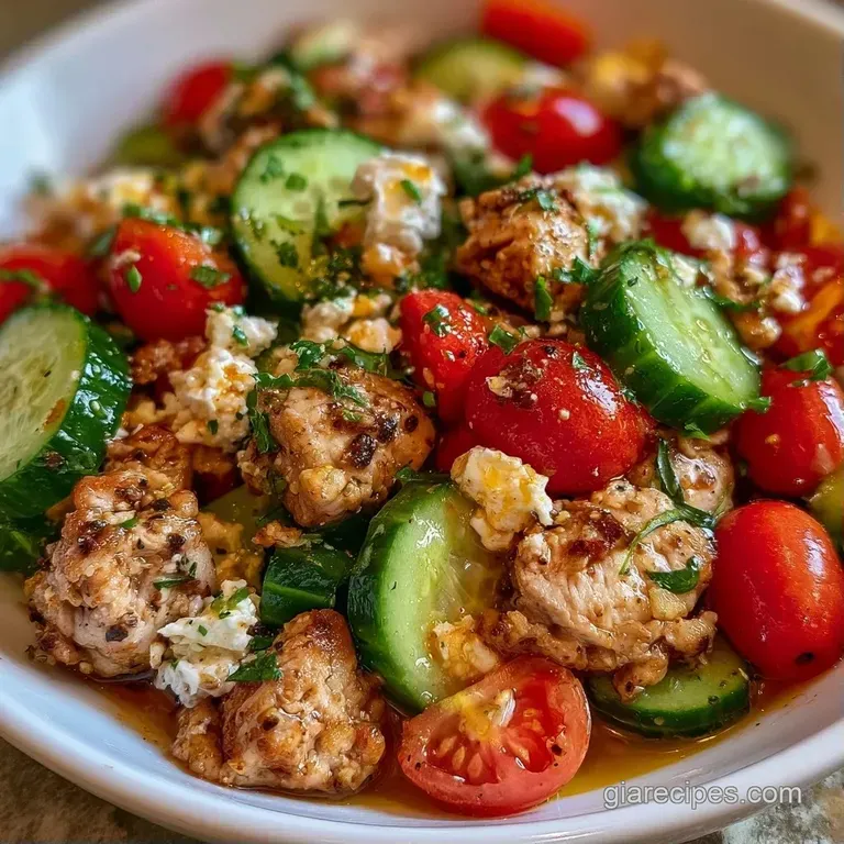 Vibrant bowl of seasoned meat and fresh diced vegetables with creamy white tzatziki atop a light ceramic plate.