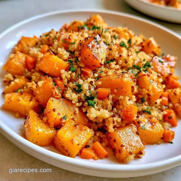 Fluffy grains and roasted orange squash cubes topped with a sprinkle of fresh green herbs on a white ceramic plate.