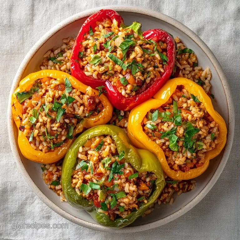 Three colorful roasted peppers on a white platter, garnished with bright green herbs and a drizzle of olive oil.