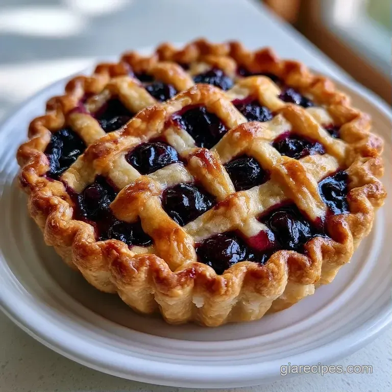 A slice of deep purple berry pie on a white plate with a dollop of melting vanilla ice cream and a fresh mint leaf.