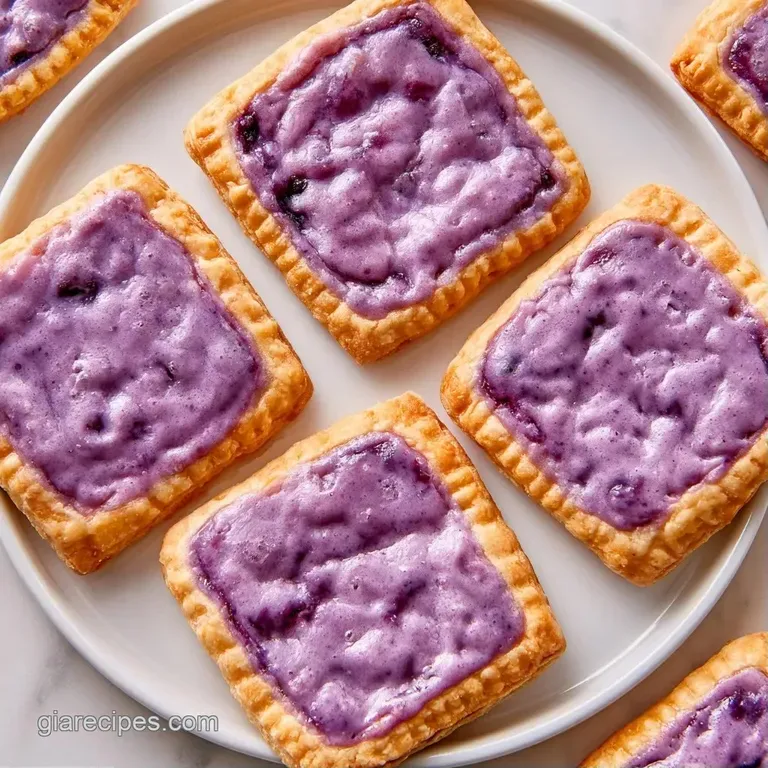 Flaky pastry squares stacked on a white ceramic plate with a side of fresh blueberries and a dusting of powder.