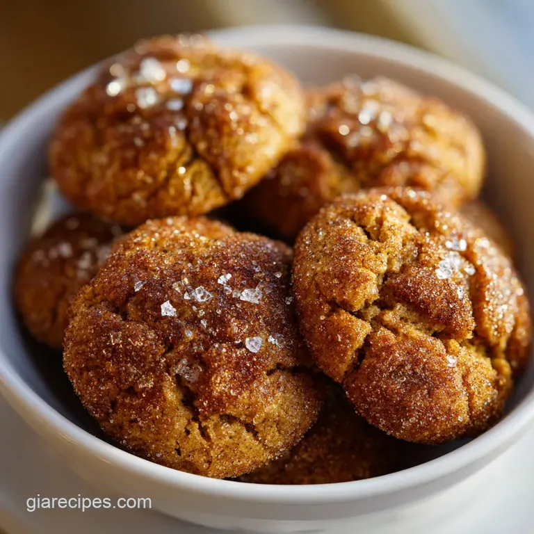 A neat stack of warm, sugar-coated cookies on a white ceramic plate, accented by a light dusting of cinnamon.