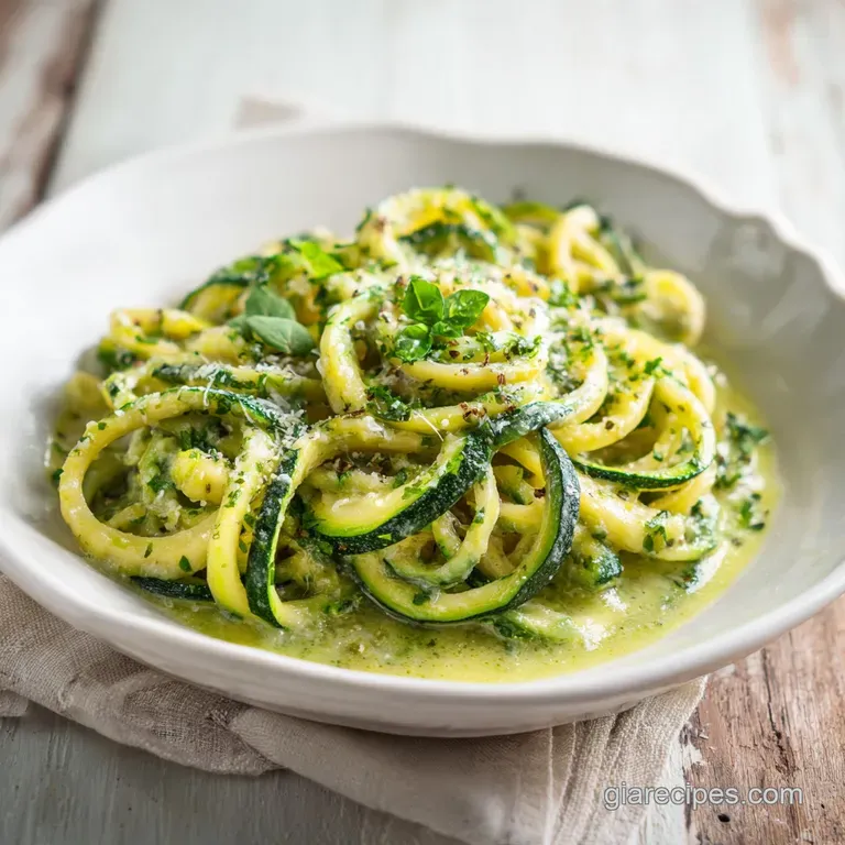 A swirl of zucchini noodles topped with fresh parsley and a drizzle of olive oil, plated artfully.