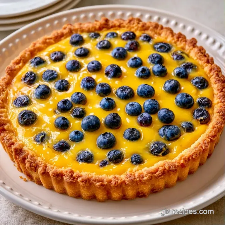 A slice of tart on a white porcelain plate, garnished with a sprig of mint and a dusting of snow-white sugar.