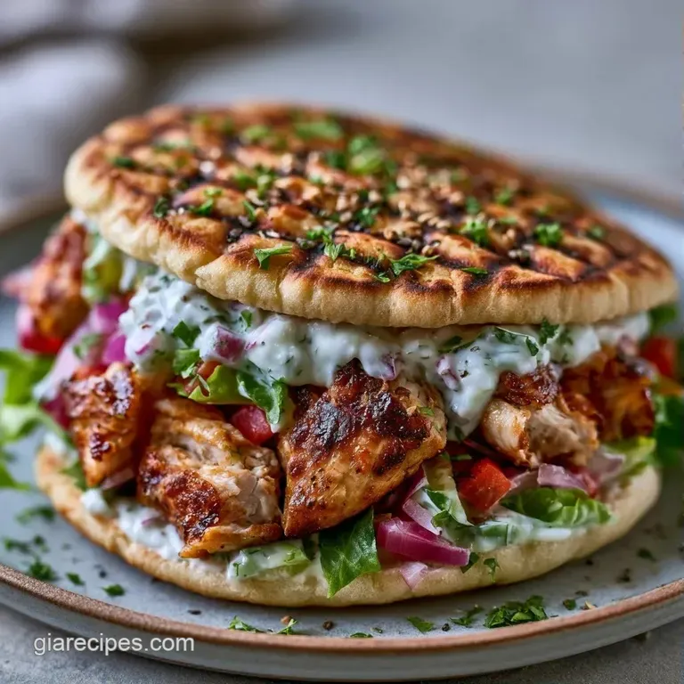 Two toasted pita pockets filled with colorful vegetables and savory meat, served on a white platter with lemon wedges.