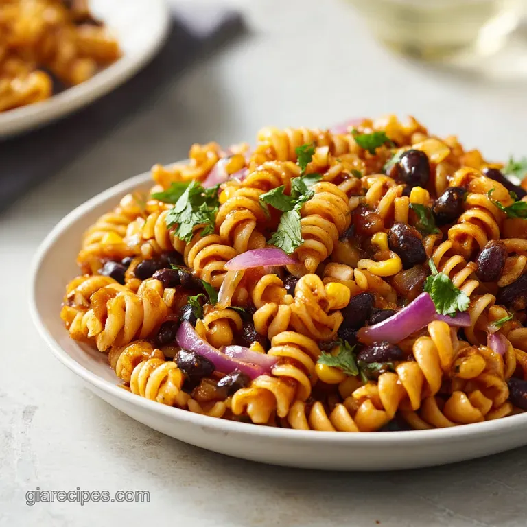 Neatly plated creamy pasta with charred corn and black beans, topped with crumbled white cheese and a lime wedge.
