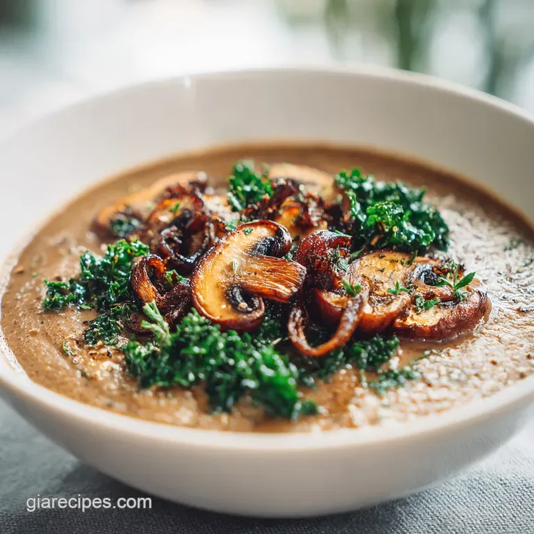 Elegant white bowl of creamy soup with a coconut milk swirl, topped with toasted mushrooms and a sprig of kale.