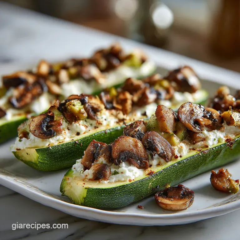 Saut&eacute;ed mushrooms and creamy white ricotta nestled in roasted zucchini shells on a modern slate platter with herbs.