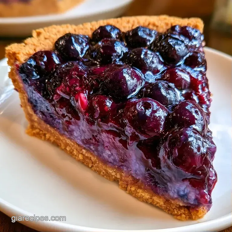 A slice of vibrant purple berry tart on a white ceramic plate, topped with a dollop of whipped cream and mint.