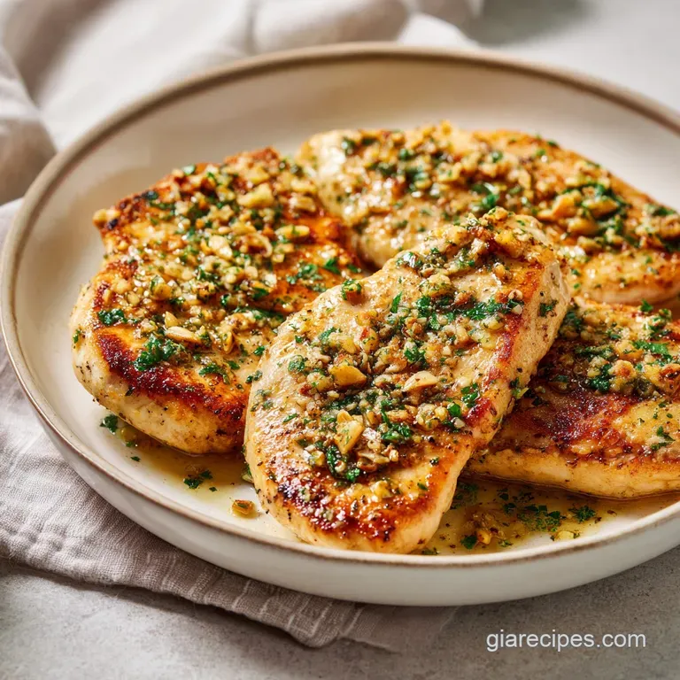 Golden-brown chicken fillets plated with steamed asparagus and a glossy garlic butter sauce, garnished with parsley