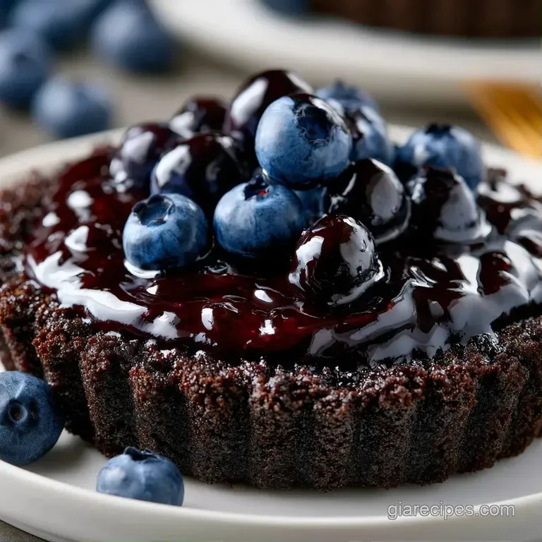 A slice of dark chocolate crust pie with deep purple filling on a white plate, garnished with a fresh mint leaf.