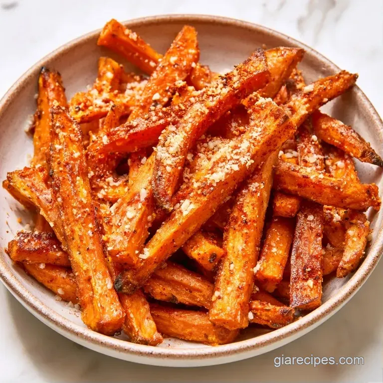 A stack of crispy orange fries topped with melted cheese, served in a white ceramic bowl with a side of creamy dip.