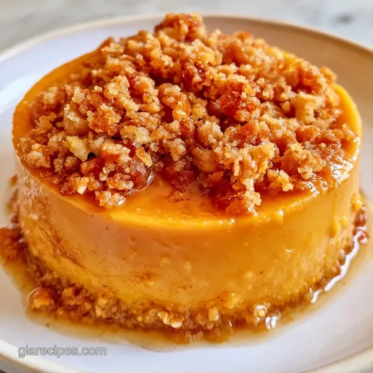 A slice of spiced orange cake with a textured crumb topping served on a white plate with a dollop of whipped cream.