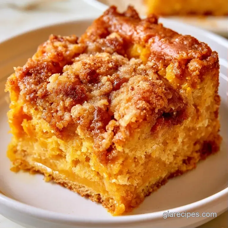 A square slice of creamy orange cake topped with golden crumbs on a white plate, garnished with a fresh mint leaf.