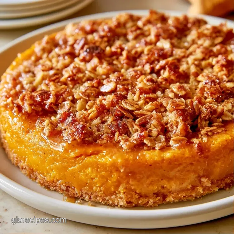 A thick slice of spiced orange cake with a crisp oat crust on a white plate, topped with a dollop of whipped cream.