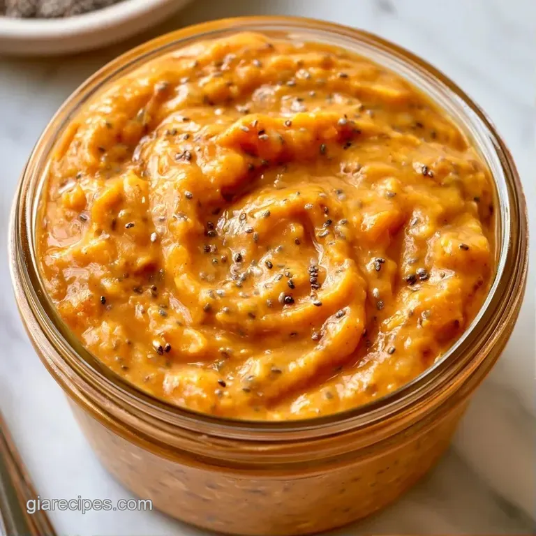 Orange-hued creamy porridge in a glass jar, layered with chia seeds and topped with a pecan and fresh mint.