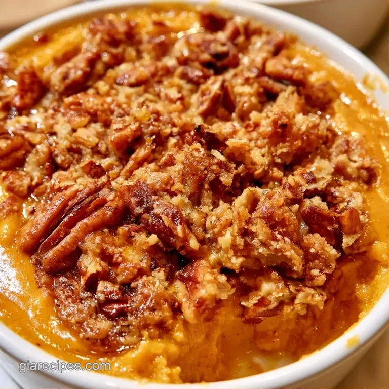 A slice of warm orange cake topped with crunchy pecans and a dollop of melting white cream on a white ceramic plate.