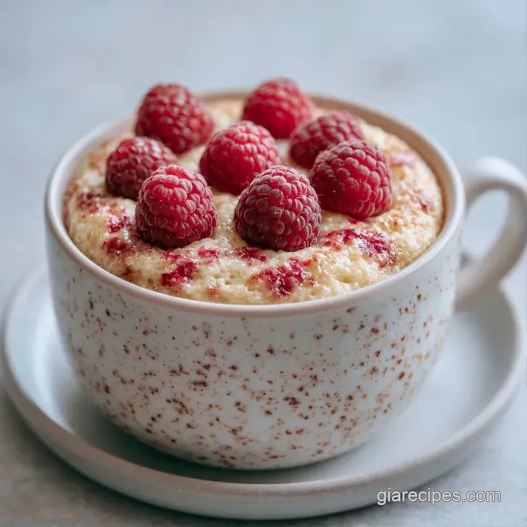 Warm pink cake in a rustic mug resting on a wooden saucer with fresh raspberries and a dollop of whipped cream.